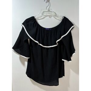 Emilio Pepe Italy women’s black short sleeve top w/white trim size M. #21-0562